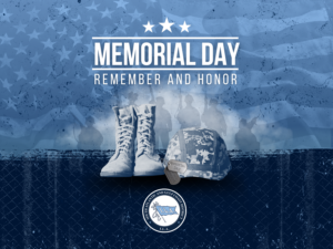 Memorial Day graphic with American boots, hat and dog tag and American flag and ILA logo