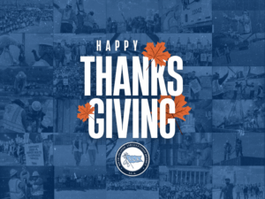 Happy Thanksgiving text with ILA Logo on top of collage of photos of ILA members