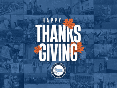 Happy Thanksgiving text with ILA Logo on top of collage of photos of ILA members