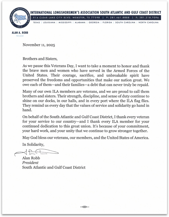 Image of Veteran's Day Letter from Alan Robb