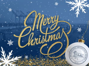 Merry Christmas text on decorative port image with snow and ornament with ILA SAGCD logo