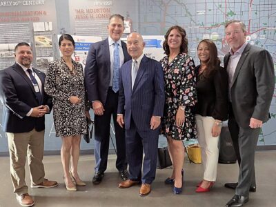 Group photo at the Mayor’s Fleet Week VIP Kickoff Reception in Houston showing Eloy Cortez (ILA International Vice President), Carol Alvarado (Texas State Senator), Alan Robb (Port Houston Commissioner and ILA District President), Houston Mayor John Whitmire, Frances Castaneda Dyess (Houston East End Chamber of Commerce President), Shareen Larmond (West Gulf Maritime Association President), and Captain Clint Winegar (Houston Pilots Association).