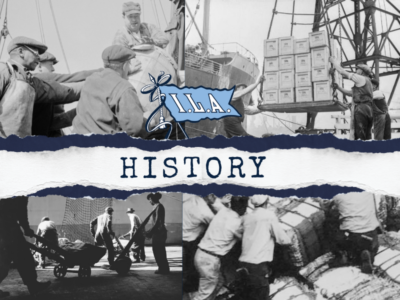 ILA History Cover Photo with ILA Flag logo and the word history and historical black and white photos in the background of dockworkers